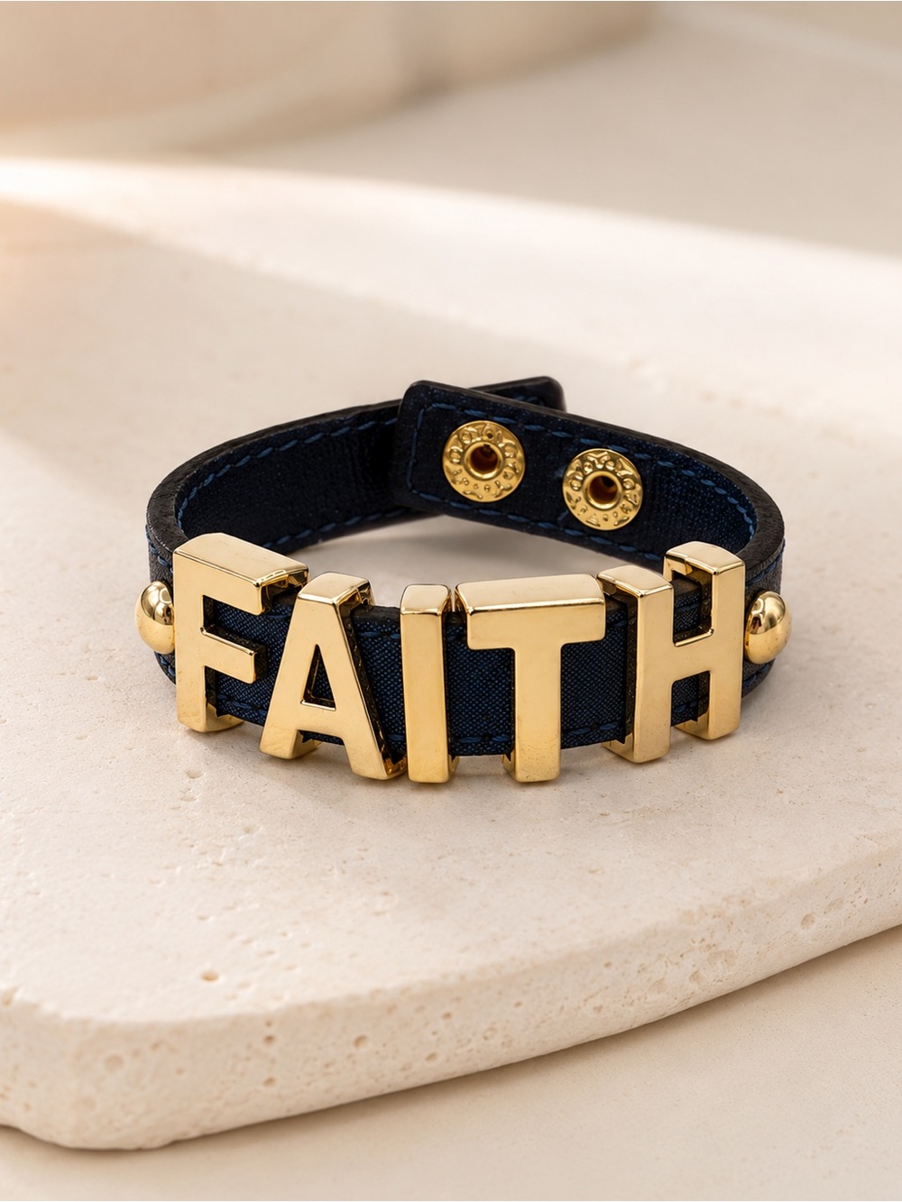 BCBGeneration FAITH Bracelet Gold Letters Navy Blue Faux Leather NWT - Picture 7 of 13